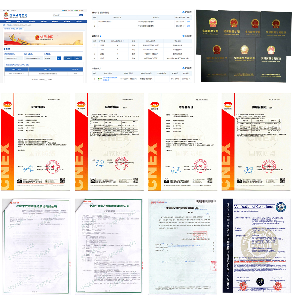 通過整機(jī)防爆認(rèn)證的溶劑回收機(jī)與各項(xiàng)專利證書